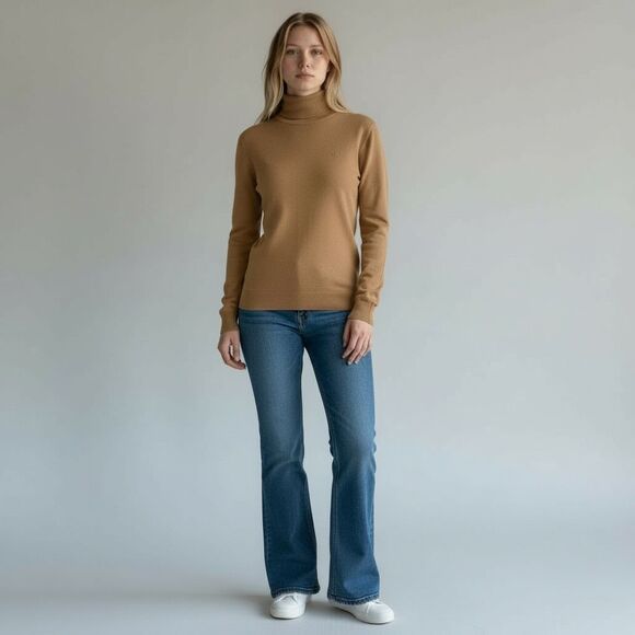 LAUREN RALPH LAUREN Women’s Turtleneck Sweater M Tan Merino Wool Cotton Blend - Picture 2 of 12